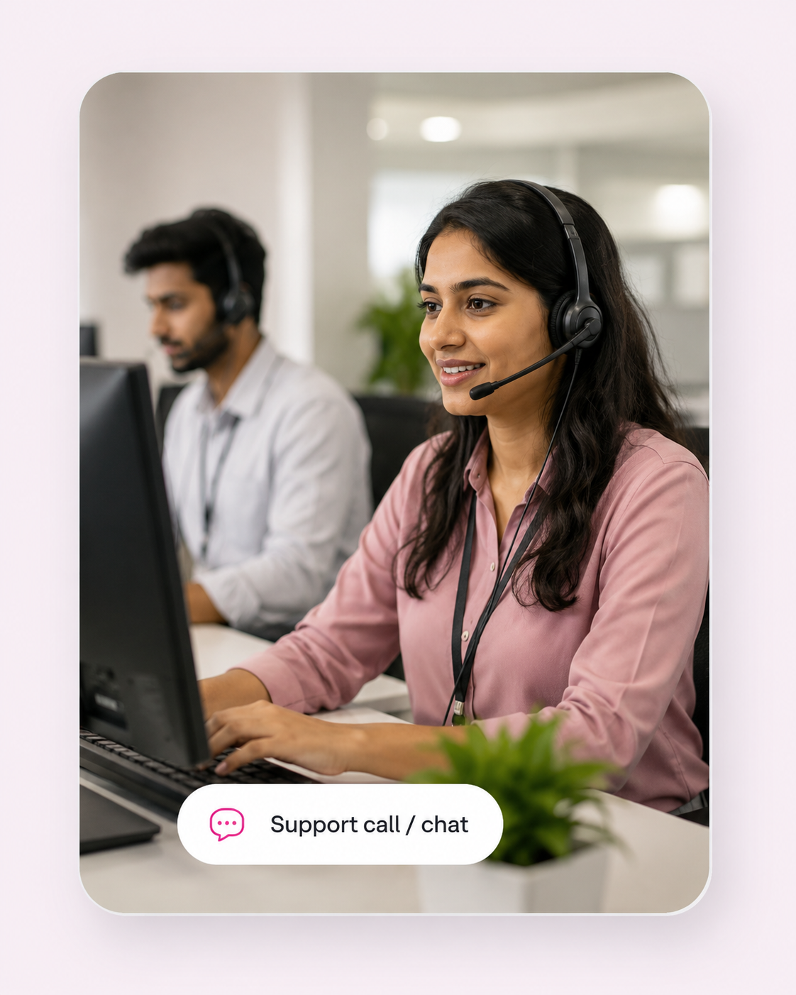 A support agent handling a customer call and chat workflow