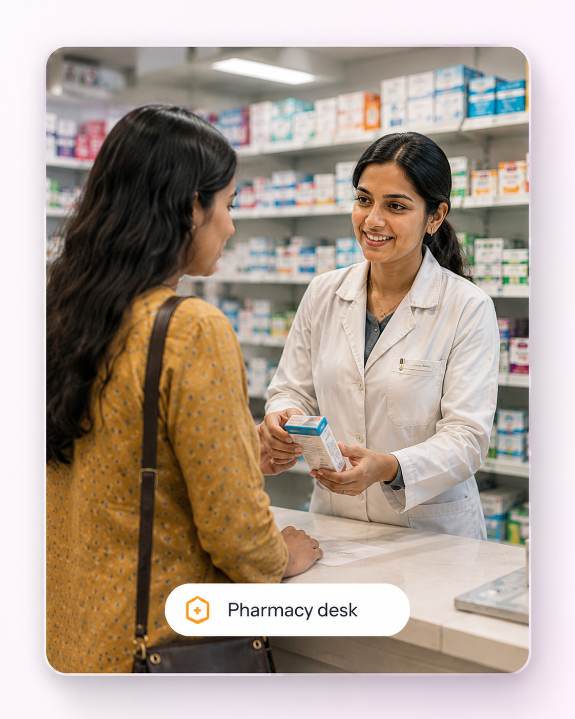 A pharmacist helping a customer at a pharmacy desk