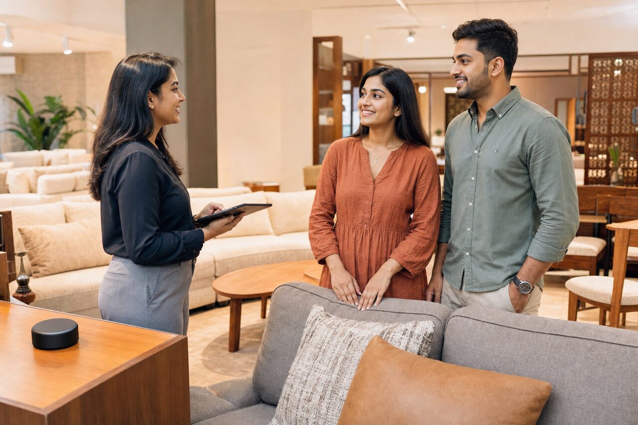 A store associate helping customers on a retail showroom floor